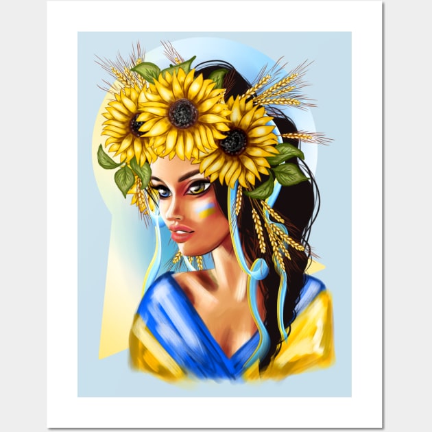 Ukrainian woman with national flag with wheat and flowers Wall Art by Olena Tyshchenko